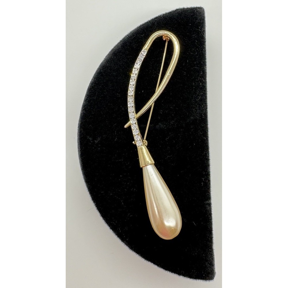 Vintage Goldtone Brooch Looped Design Rhinestone & Teardrop Dangling Faux Pearl